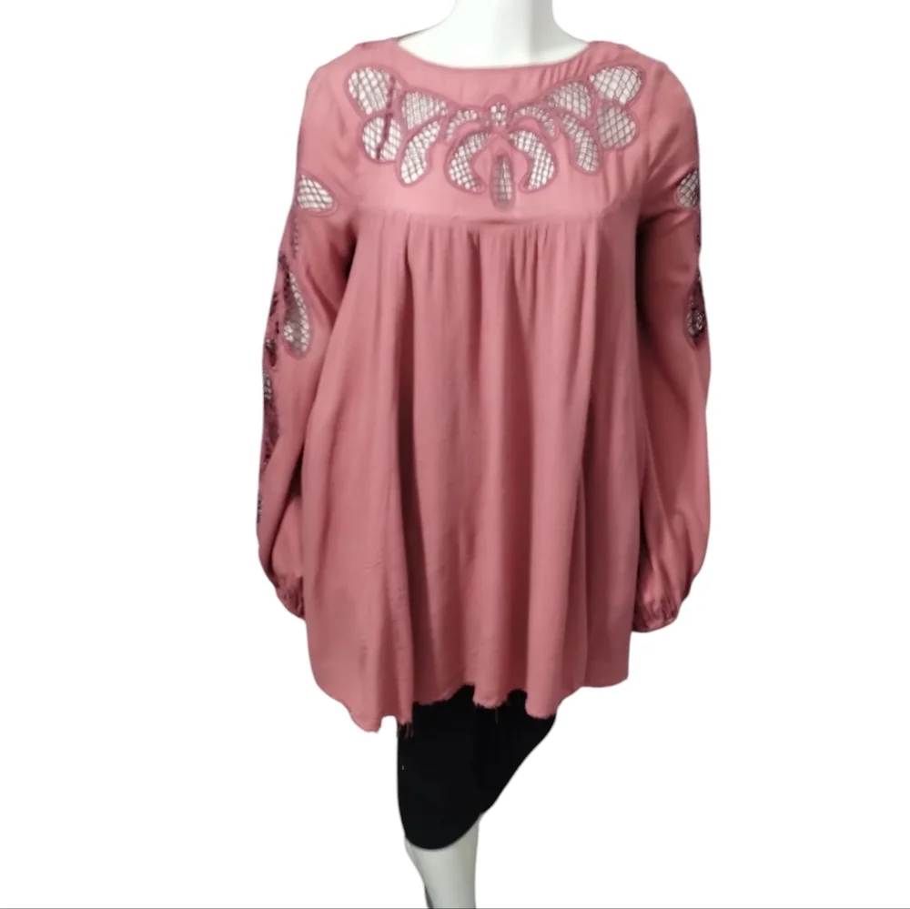 Free People Women's Gauze Lattice Whimsical Fairy Boho Mini Dress Size XS Oversi